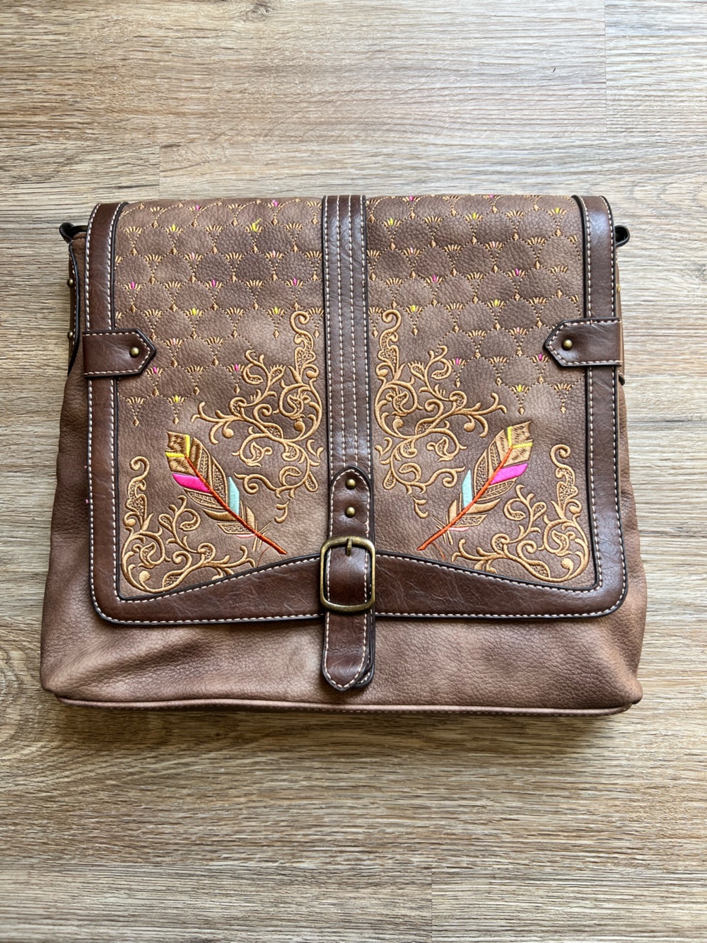 Brown Embroidered Feather Crossbody Shoulder Bag